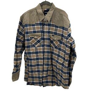 Wrangler Mens 2XT Plaid Western Work Shirt Beige & Blue With Pearl Snaps